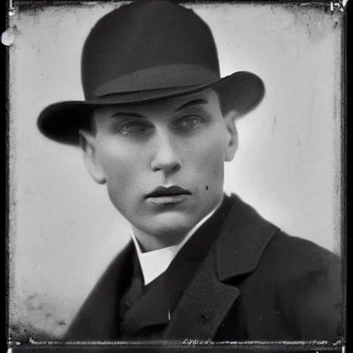 Image similar to A photograph portrait of Jerma985 wearing a homburg hat in the early 1920s, taken in the early 1920s, grainy, taken on a early 1900s Kodak Camera, realistic, hyperrealistic, very realistic, highly detailed, very detailed, extremely detailed, detailed, digital art, trending on artstation