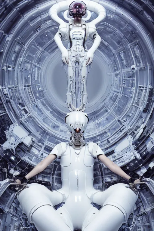 Image similar to background space station, baroque inflateble dress iris van herpen positing on floor, perfect symmetrical, full body shot, white helmet on face, inflateble shapes, wires, tubes, veins, jellyfish, white biomechanical details, wearing epic bionic implants, masterpiece, intricate, biopunk, vogue, highly detailed, artstation, concept art