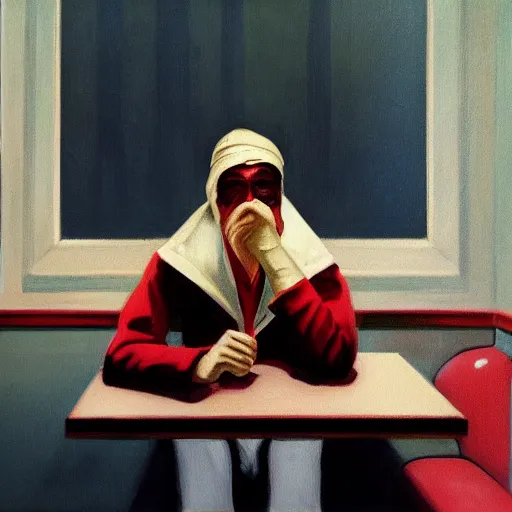 Prompt: a portrait of a vampire with a paper bag over his head, sitting in an 80s diner, painting in style of Edward Hopper, moody lighting, 4K,