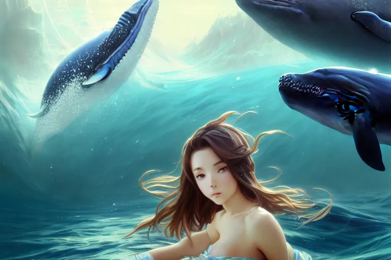 Image similar to a panorama distant view under the water, underwater world, anime art full body portrait character concept art, hyper detailed cg rendering of a cute girl and whale, elegant, highly detailed, digital painting, artstation, concept art, smooth, sharp focus, illustration, art by artgerm and greg rutkowski and alphonse mucha, 8 k