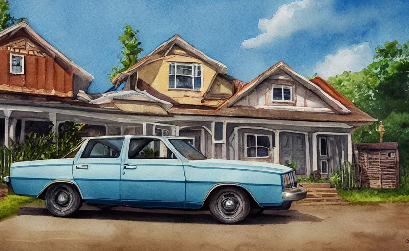 Image similar to a watercolor painting of a chevrolet opala parked near a 1 9 0 0 s house, digital painting, masterpiece, hyperrealistic, concept art, trending on deviantart, highly detailed, high quality, 4 k, symmetrical, low contrast, watercolor, warm, soft lighting, path traced, godrays, vintage, soft colors