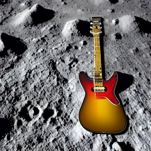 Prompt: detailed realistic idle regular sized electric guitar next to a detailed realistic idle regular sized beer can on the moon surface. detailed photo. realistic photo