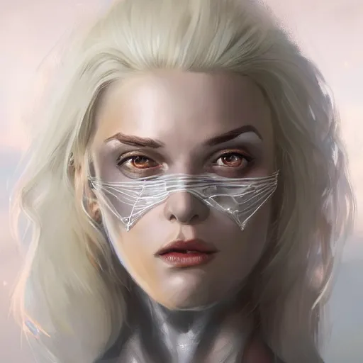 Image similar to full body portrait of white haired girl in spider man suit, super hero, pretty face, very beautiful face, very detailed eyes, webs, highly detailed, digital painting, artstation, concept art smooth, sharp focus, greg rutkowski, artey freytag