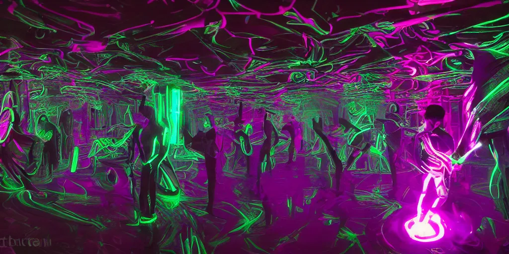 Image similar to art, groups of androids with glowing blacklight bodies, from behind, rebirth, beauty, wide angle, elaborate, wet, highly detailed, smoke, steam, reflections, vivid colors, beautiful lighting