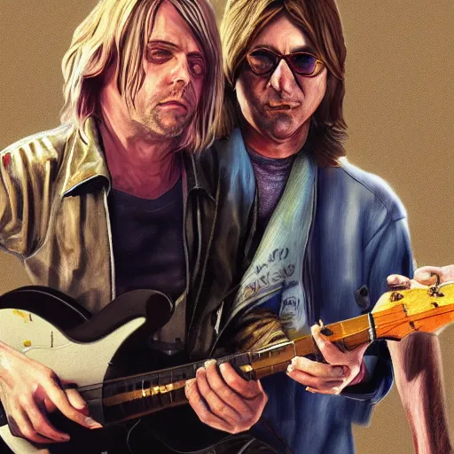 Prompt: Kurt Cobain and Christopher Wälken GTA V, cover art by Stephen Bliss, artstation