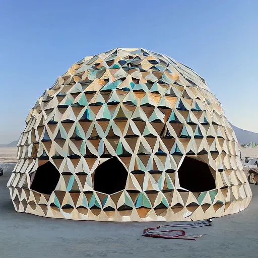 Image similar to epic geometric cat shaped canvas dome stage installation burning man playa