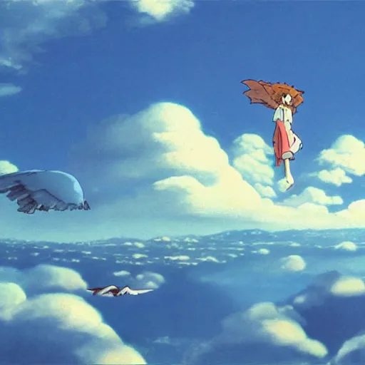 Image similar to A girl flying with a bird-shaped white glider over the clowds, Nausicaa of the Valley of the Wind, Miyazaki Hayao, ghibli style