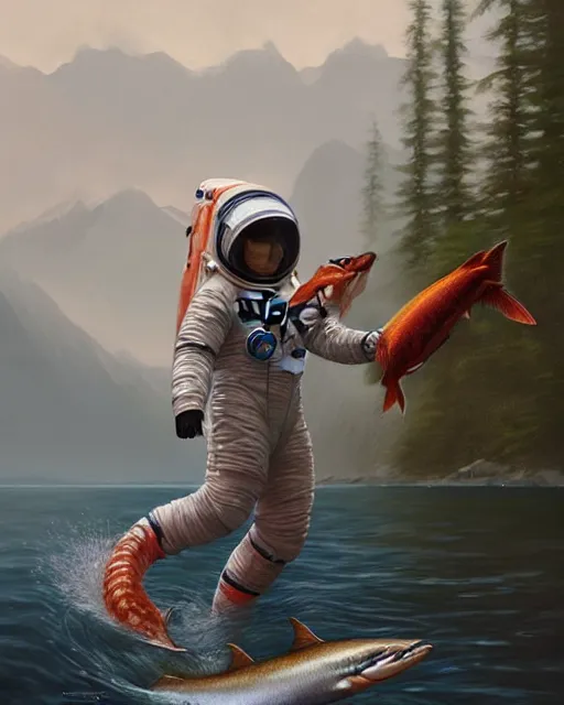 Prompt: a female astronaut catching salmon in alaska, real life skin, intricate, highly detailed, artstation, concept art, smooth, sharp focus, art by artgerm and greg rutkowski