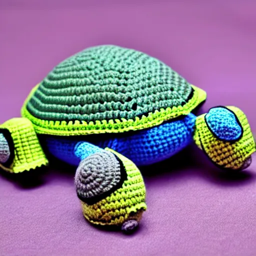 Image similar to crochet cyberpunk turtle, hyper realistic