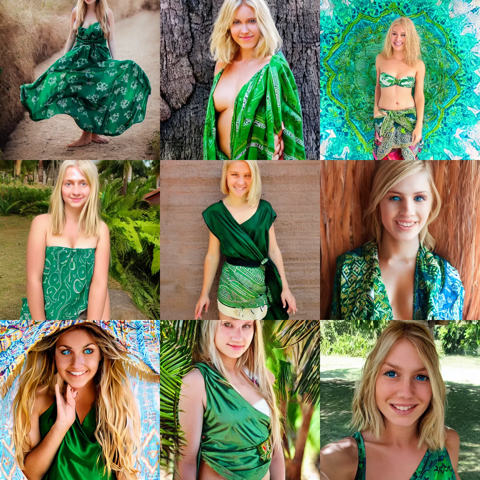 Prompt: high quality photo of a blonde girl with green eyes in a sarong