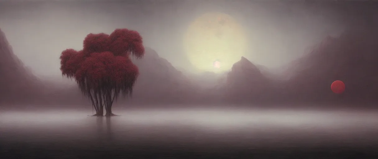 Image similar to dark fantasy oil painting, giant bonsais, big river, bloodmoon, floating mountains, volumetric light, misty, godrays, high details, 8 k, beksinski