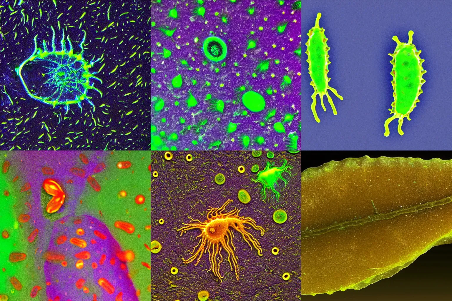 Prompt: single rotifer, phase contrast microscopy, bioluminescence, detailed, vivid colors