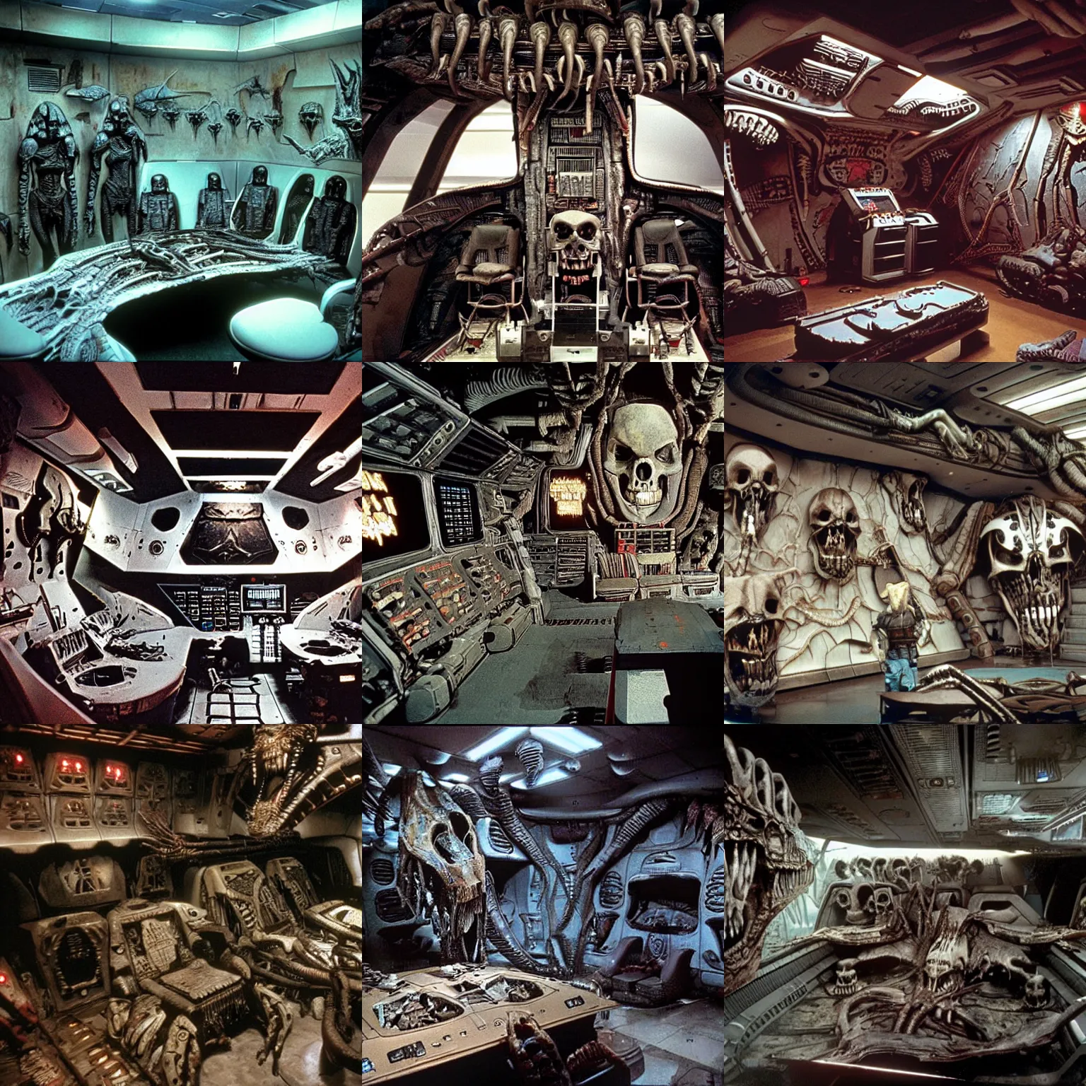 Prompt: an interior shot of a predator yautja spaceship with skulls of various monsters on the wall, predator 2, in the style of lawrence g. paull production design