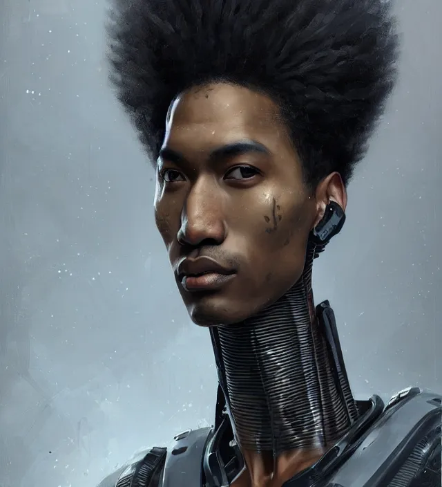 Prompt: portrait of a man by greg rutkowski, he is about 2 5 years old, mixture between afroamerican and japanese, afro hair, geisha tatoos, very tall and slender, he is wearing a futuristic police gear, highly detailed portrait, digital painting, artstation, concept art, smooth, sharp foccus illustration, artstation hq