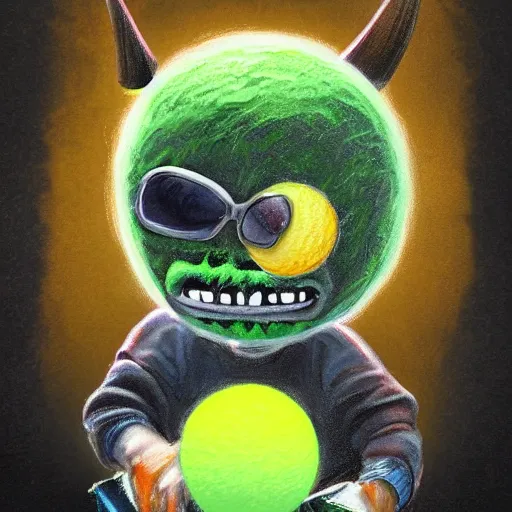 Prompt: a tennis ball monster, tennis ball, dark, chalky, riding on a skateboard, digital art, fantasy, magic, trending on artstation, ultra detailed, professional illustration by Basil Gogos