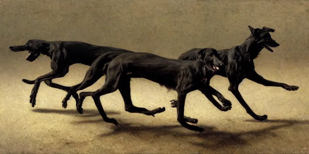 Prompt: black greyhounds running in the night, dark environment, by wiliam bouguereau, nicola samori and andrew wyeth. highly detailed, realistic. dark atmosphere