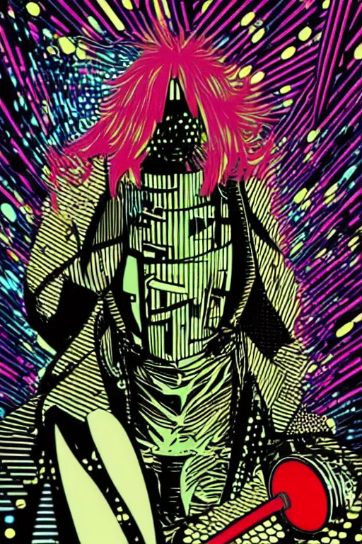 Prompt: futuristic japanese cyberpunk by roy lichtenstein, by andy warhol, ben - day dots, pop art, bladerunner pixiv contest winner, cyberpunk style, cyberpunk color scheme, mechanical, high resolution, hd