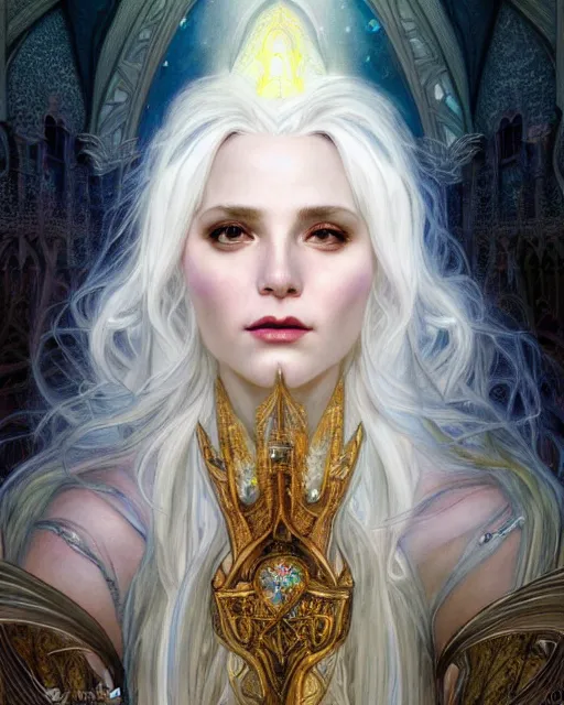 Image similar to realistic portrait of a beautiful white witch, bright witch, inside a castle, beautiful, beautiful face, fantasy, chaos, magic, dark magic, dramatic lighting, intricate, wild, highly detailed, digital painting, artstation, concept art, smooth, sharp focus, illustration, art by artgerm and greg rutkowski and alphonse mucha, footage from space camera