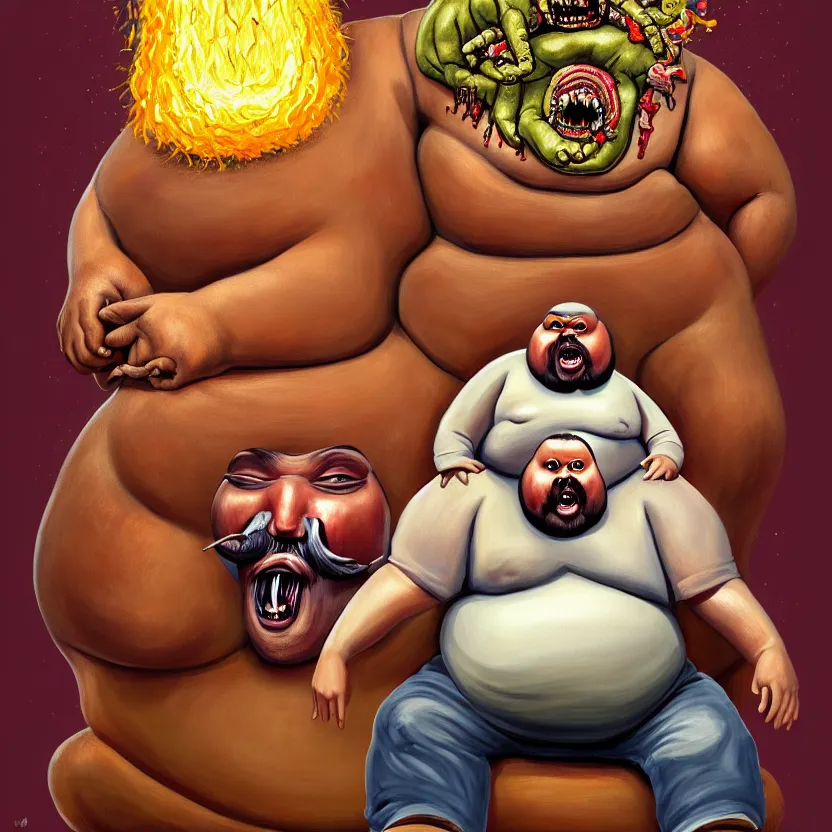 Image similar to painting of a very fat tsikalawe with a thick moustache sitting on a throne, eating the leg of a terrified man, his hair is a nuclear explosion, cute, hilarious, disturbing, nightmare, highly detailed, funny, hahahaha, by david cronenberg, found on artstation, hyperrealistic digital art