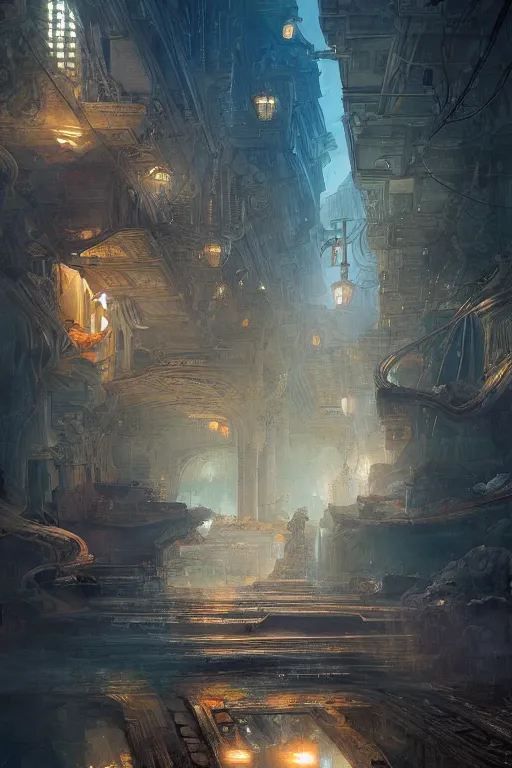 Image similar to inside the street of the city of atlantis, powerfull, intricate, elegant, volumetric lighting, digital painting, highly detailed, artstation, sharp focus, illustration, concept art, ruan jia, steve mccurry