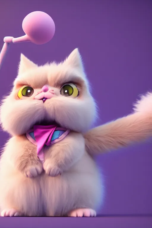 Image similar to high quality 3 d render hyperrealist very cute pastel fluffy! grumpy gargoyle cat hybrid eating giant ice cream full body, vray smooth, in the style of detective pikachu, hannah yata charlie immer, dramatic pink light, low angle, uhd 8 k, sharp focus