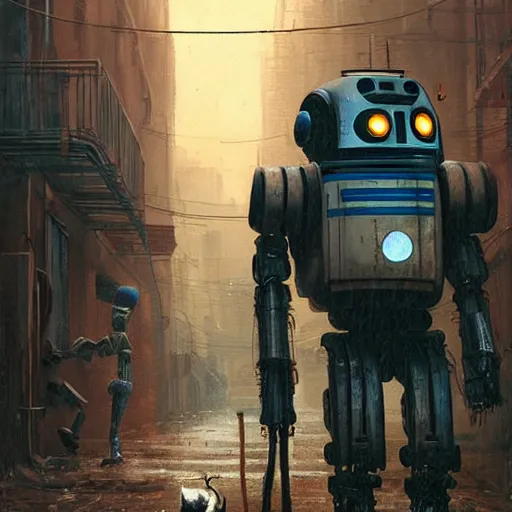 Prompt: a gritty, realistic painting of a broad-shouldered, heavy construction droid reaching down to pet a kitten, in a dark, wet cyberpunk alley, by Simon Stålenhag and James Gurney