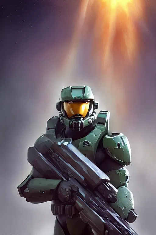 Prompt: portrait of master chief with hot dog arms with a halo behind him, catholic religious art, sacred, halo, strong, imposing, by moebius and greg rutkowski and artgerm, octane render, trending on artstation