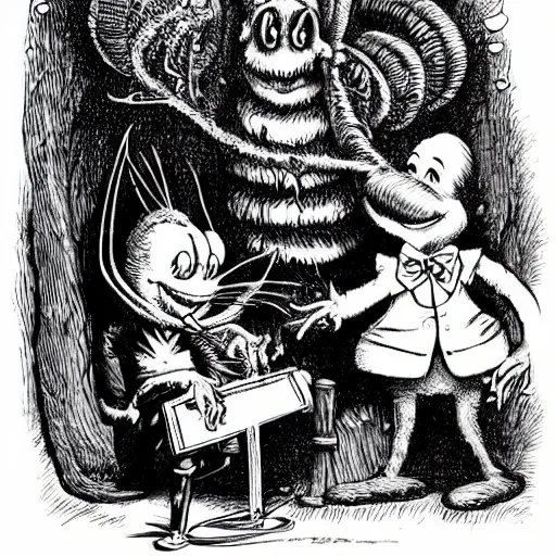 Image similar to all mimsy were the borogoves, and the mome raths outgrabe | lewis carroll and hp lovecraft with doctor seuss and hr giger