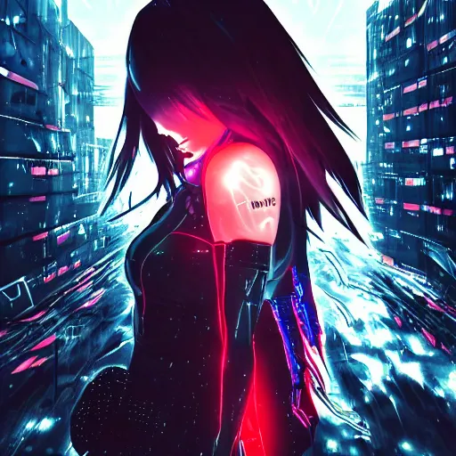 prompthunt: full digital cyberpunk anime!!, shattered cyborg - girl in the  style of arcane!!!, lightning, raining!!, water refractions!!, black long  hair!, biomechanical details, neon background lighting, reflections, wlop,  ilya kuvshinov, artgerm