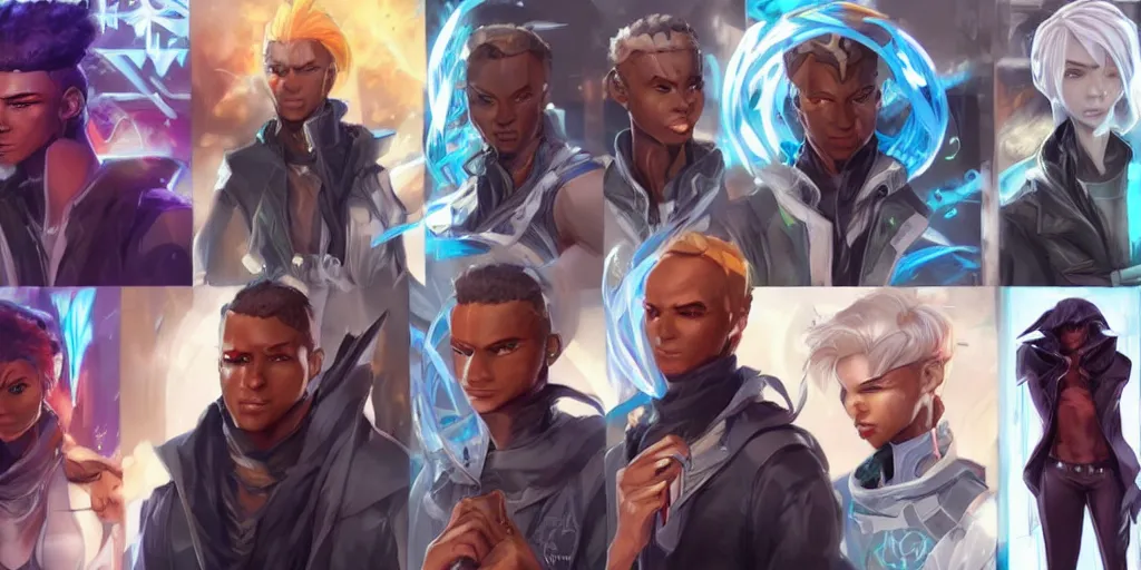 Image similar to concept art of young black male netrunner d & d video game characters head designs, unique hair designs, by marc brunet and artgerm