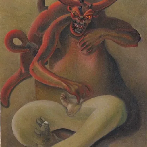 Image similar to painting of a demon representing exhaustion, the demon looks like an anthropomorphic animal