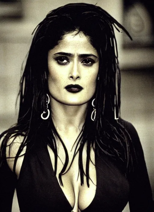 Prompt: cellphone photo of salma hayekas a gothic vampire in the 1990s