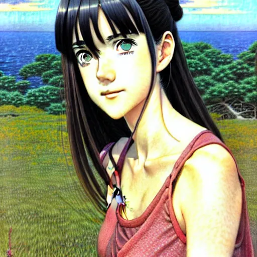 Prompt: anime jennifer connelly by hasui kawase by richard schmid