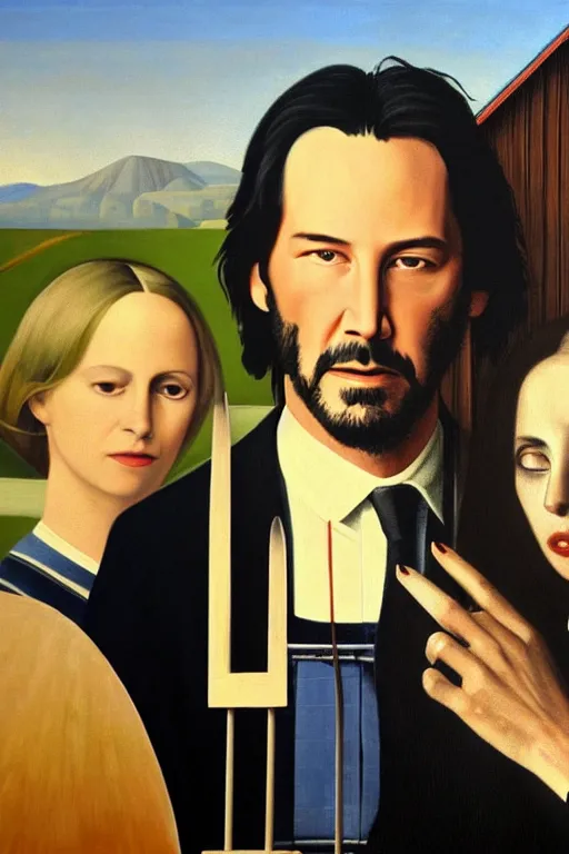 Image similar to painting of Keanu Reeves and Lady Gaga as the couple in American Gothic in the style of Grant Wood