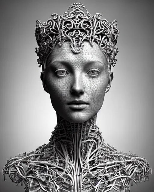 Image similar to bw 3 d render of a beautiful young female queen - cyborg - vegetal, intricate fractal ornament in the bust with a very long neck, elegant, highly detailed intricate rococo ornament in her silver long hair, realistic, refined, highly detailed, cinematic outdoor lighting, by flora borsi in the style of dora maar, volumetric lighting, hyper realistic photography