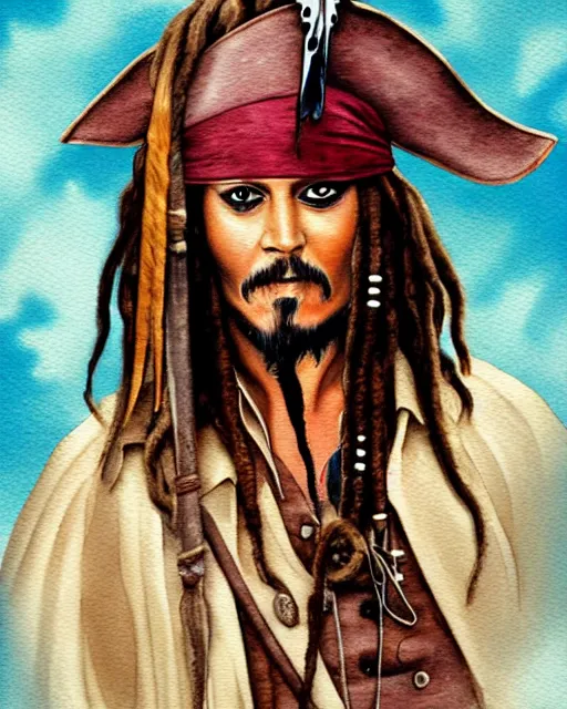 Image similar to portrait of captain jack sparrow, painterly style, matte illustration, watercolour