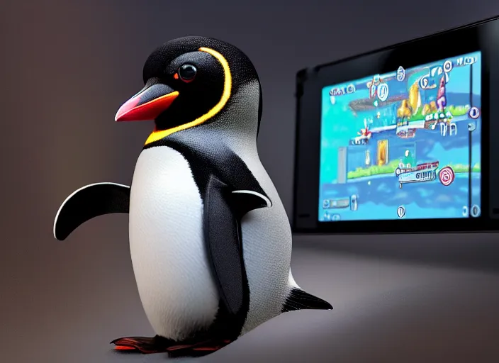 Image similar to photo still of a penguin playing a nintendo switch, 8 k, studio lighting bright ambient lighting key light, 8 5 mm f 1. 8