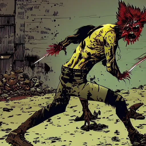 Prompt: a long shot of a Zombie Wolverine, in a post apocalyptic town