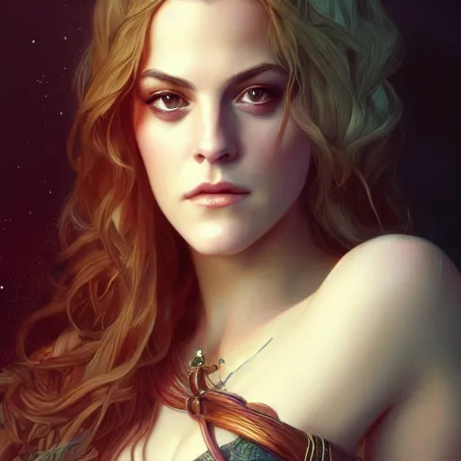 Image similar to beautiful young riley keough, closeup, d & d, fantasy, intricate, elegant, highly detailed, digital painting, artstation, concept art, matte, sharp focus, illustration, art by artgerm and greg rutkowski and alphonse mucha