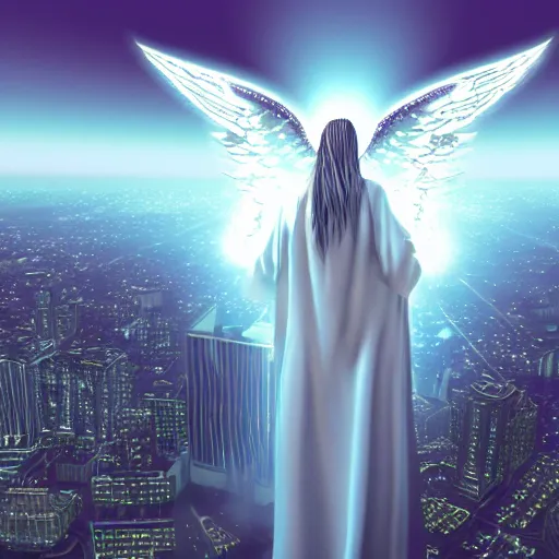 Prompt: a render of a gigantic biblically accurate angel with rings of fire and many eyes over a city, purple, gold, hyper detailed, realistic, photorealistic