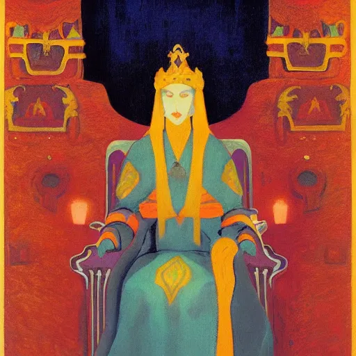 Prompt: an illustration of a queen on a throne at night by nicholas roerich, by johann heinrich fussli, by georgia o keeffe, realistic, detailed, oil painting