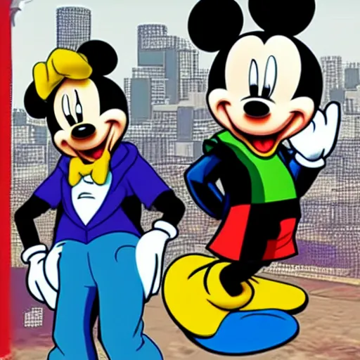 Prompt: mickey mouse in gta 5 cover art style