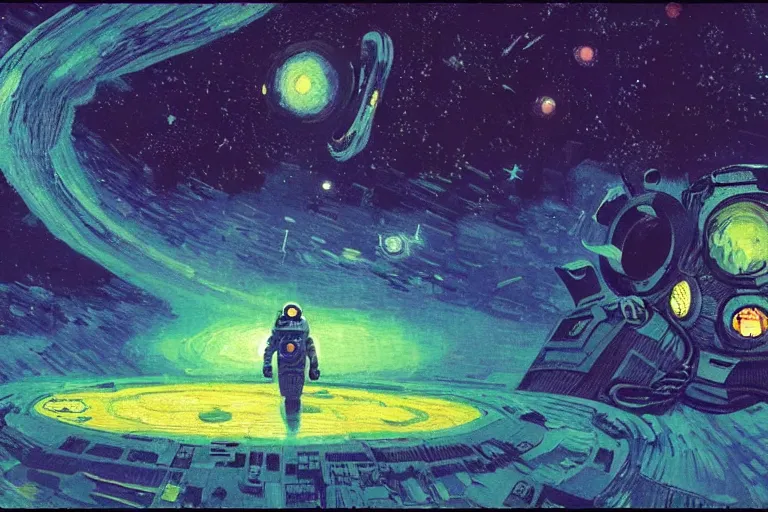 Image similar to digital painting of an astronaut in space, by paul lehr and vincent di fate and van gogh, highly detailed, intricate, sharp focus, science fiction, galaxies, stars, supernova, black hole, galaxy, planet, void, artstation, cinematic lighting, studio ghibli color pallette, trippy, retrofuturism