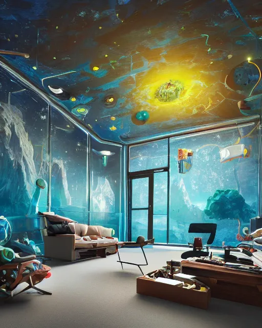 Prompt: artstation scifi scene of a safe room as ikea ad, lounge furniture, carpeted floor, sky mural on the room ceiling, holographic nature art walls, large terrarium, paneled walls, unreal engine 5, hyper realism, realistic shading, cinematic composition, blender render, octane render, hdr, detailed textures, photorealistic, wide shot