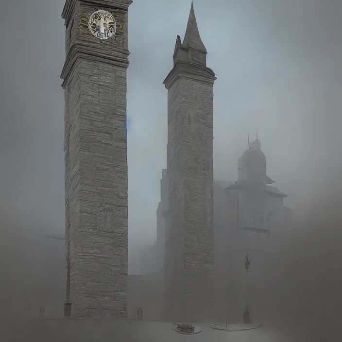 Prompt: a beautiful painting of a clock tower by zdzisław beksinski, rene magritte, greg rutkowski, in style of digital art. hyper detailed. octane render. maya. ray tracing. trending on artstation