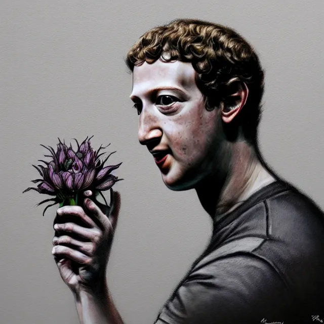 Prompt: mark zuckerberg holding a flower by hr giger, trending on artstation, horror, illustration