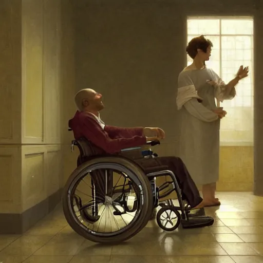 Prompt: a male patient in a wheelchair in the hospital with his wife and son standing by. happy, cheerful, smiling, intricate, face enhance, sharp focus, cinematic lighting, 8 k, art by greg rutkowski, william adolphe bouguereau