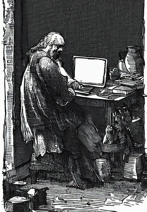 Prompt: [Medieval peasant sitting on a desk watching a computer in a dimly light room. There are cans on and around the desk and an arched window in the background. Illustration, sharp!, focus, high quality, smooth!]