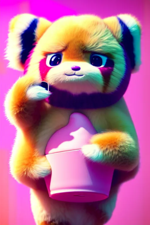 Image similar to high quality 3 d render hyperrealist very cute pastel fluffy! grumpy dragon red panda hybrid eating giant ice cream full body, vray smooth, in the style of detective pikachu, hannah yata charlie immer, dramatic pink light, low angle, uhd 8 k, sharp focus