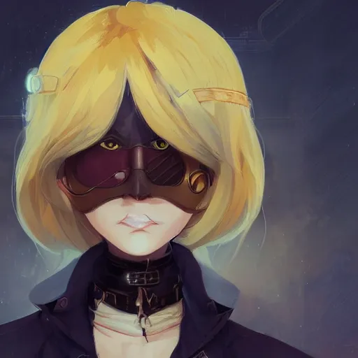 Prompt: a girl with dark skin, yellow eyes, short white hair, wearing steampunk attire, highly detailed, digital painting, artstation, matte, by makoto shinkai, animation style